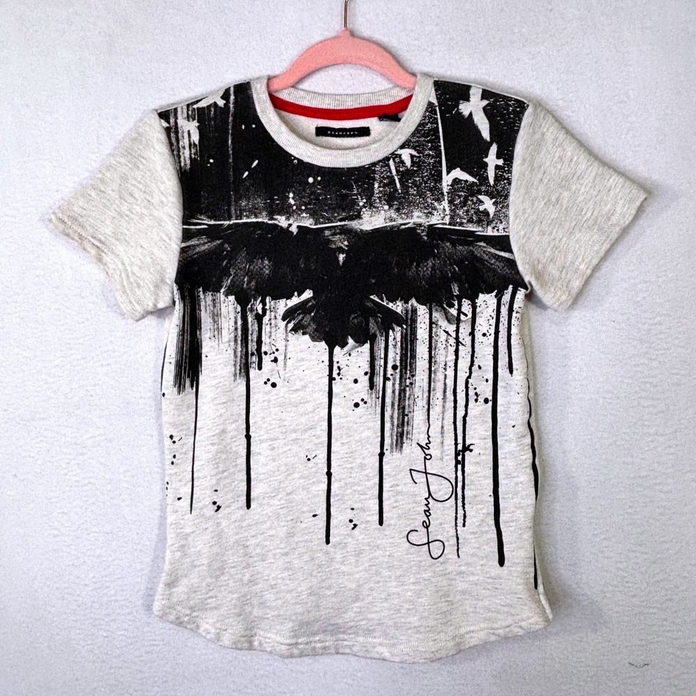 Sean John Big Boys Heather Grey Raven Crow Graphic Paint Drip T-Shirt Youth M